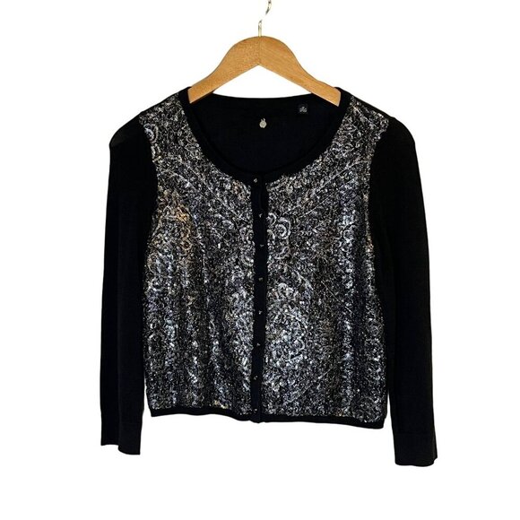Knitted and Knotted Anthropologie Black Bauble Cardigan Sequin Front Cotton XS - Picture 2 of 7